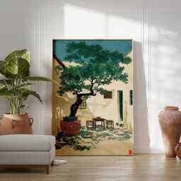 Mediterranean Courtyard Poster - Olive Tree Illustration Green Beige Interior Wall Art - thumbnail 3