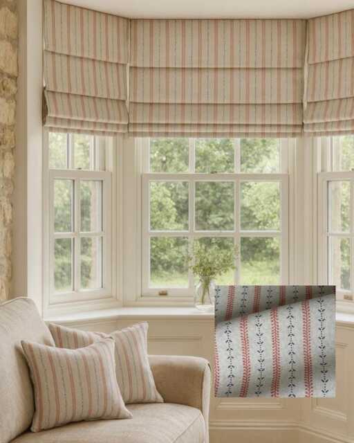 Indigo Red Stripe Roman Blind - Custom Botanical Linen Look Window Shade Country Cottage Style - image 1