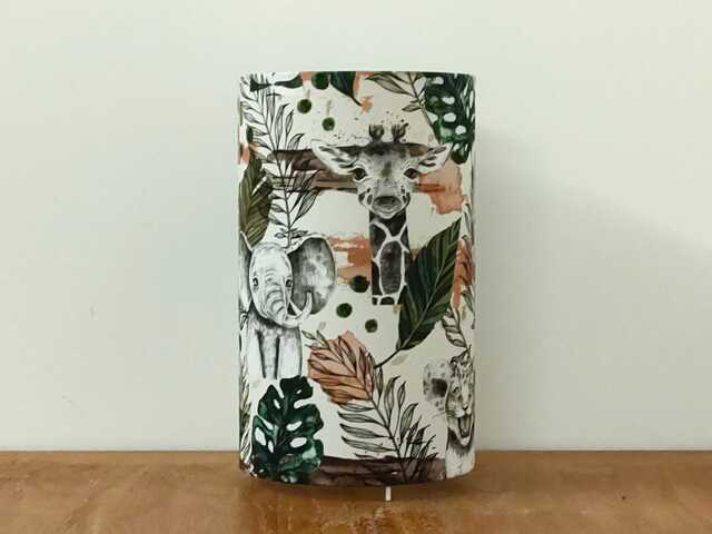 Fabric Tube Lamp With Jungle Animal Prints Monstera, Tiger, Elephant, Rhinoceros, Giraffe, Zebra. Gift Idea For Baby Registry - image 1