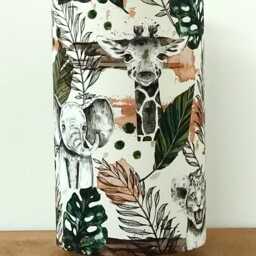 Fabric Tube Lamp With Jungle Animal Prints Monstera, Tiger, Elephant, Rhinoceros, Giraffe, Zebra. Gift Idea For Baby Registry - thumbnail 4