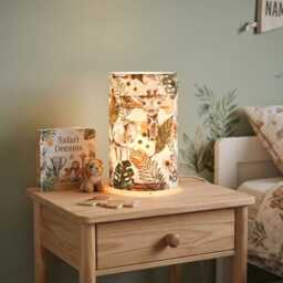 Fabric Tube Lamp With Jungle Animal Prints Monstera, Tiger, Elephant, Rhinoceros, Giraffe, Zebra. Gift Idea For Baby Registry - thumbnail 2