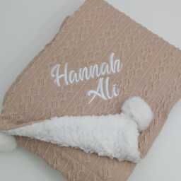 Personalised Embroidered Super Snuggly Cable Knit Wrap With Pom Pom's & Sherpa Back, New Born Baby Boy, Girl Blanket, Gift - thumbnail 2