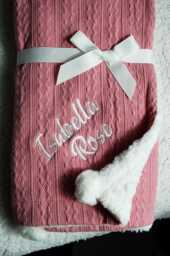 Personalised Embroidered Super Snuggly Cable Knit Wrap With Pom Pom's & Sherpa Back, New Born Baby Boy, Girl Blanket, Gift - thumbnail 1