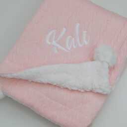 Personalised Embroidered Super Snuggly Cable Knit Wrap With Pom Pom's & Sherpa Back, New Born Baby Boy, Girl Blanket, Gift - thumbnail 3