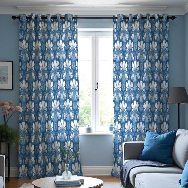 Blue Art Deco Curtains, Geometric Pattern Drapes, Classic Window Panels, Custom Made Eyelet Or Rod Pocket Home Decor - image 1
