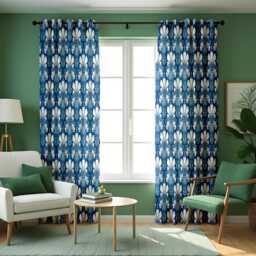 Blue Art Deco Curtains, Geometric Pattern Drapes, Classic Window Panels, Custom Made Eyelet Or Rod Pocket Home Decor - thumbnail 4