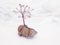 Amethyst Wire Tree Sculpture, Copper Wire, Greek Pebble Base
