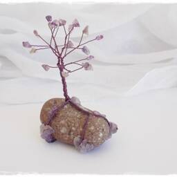Amethyst Wire Tree Sculpture, Copper Wire, Greek Pebble Base - thumbnail 2