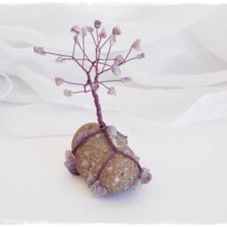 Amethyst Wire Tree Sculpture, Copper Wire, Greek Pebble Base - thumbnail 3