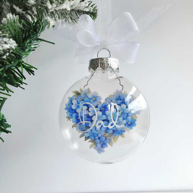 Personalised Memorial Bauble Forget Me Not Ornament, Dad Christmas Keepsake, Family Loss Decoration, Alzheimer's Awareness - image 1