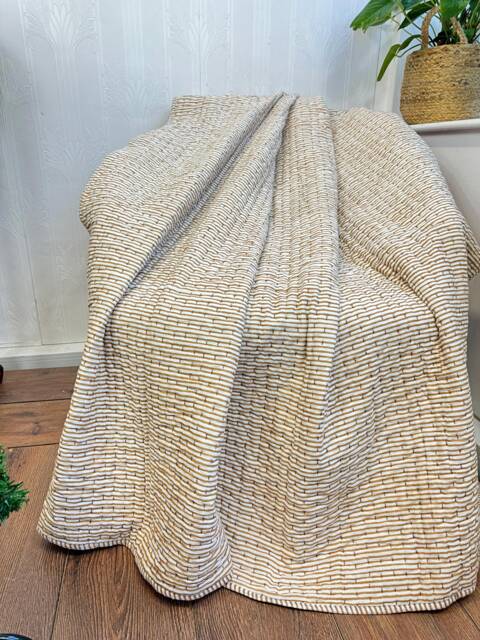 Kantha Quilted Stitch Pure Cotton Reversible Bed Throw Single Size Quilt - Handmade Hand-Print Country Elegant Beige Gold Stripe White - image 1