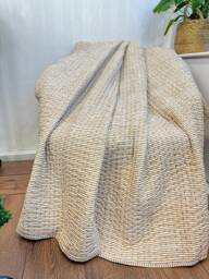 Kantha Quilted Stitch Pure Cotton Reversible Bed Throw Single Size Quilt - Handmade Hand-Print Country Elegant Beige Gold Stripe White - thumbnail 1