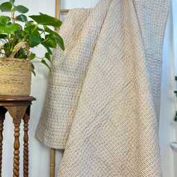 Kantha Quilted Stitch Pure Cotton Reversible Bed Throw Single Size Quilt - Handmade Hand-Print Country Elegant Beige Gold Stripe White - thumbnail 3