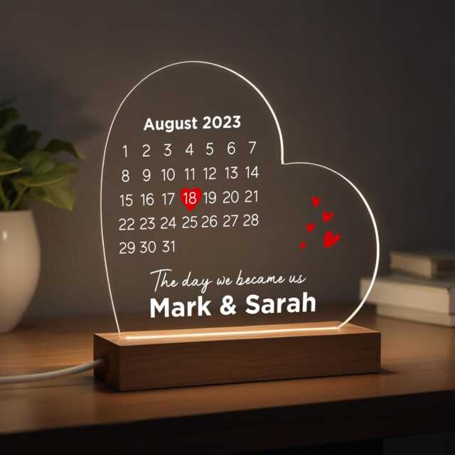 Personalised Wedding Engagement Date Gifts, 1st Anniversary, Valentines For Him Her, Gifts For Husband Wife Him, Night Light Lamp - image 1
