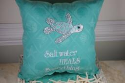 Embroidered Sea Turtle Pillow - Saltwater Heals Everything Beach Decor Customizable - thumbnail 1