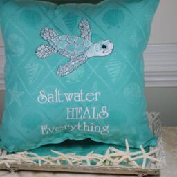 Embroidered Sea Turtle Pillow - Saltwater Heals Everything Beach Decor Customizable - thumbnail 3