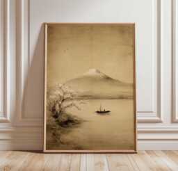 Mount Fuji Wall Art Print, Vintage Japanese Landscape Poster, Ink Wash River Scene, Cherry Blossom Tree, Traditional Asian Decor - thumbnail 1