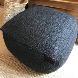 Square, Black Jute Pouffe, Cushioned Foot Stool, Ottoman Or Low Seat - thumbnail 2