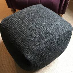 Square, Black Jute Pouffe, Cushioned Foot Stool, Ottoman Or Low Seat