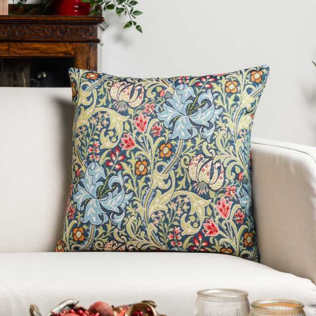 William Morris Golden Lily Tapestry Cushion in Sapphire Blue. Vintage Arts & Crafts Style Botanical & Floral. 17x17 - image 1