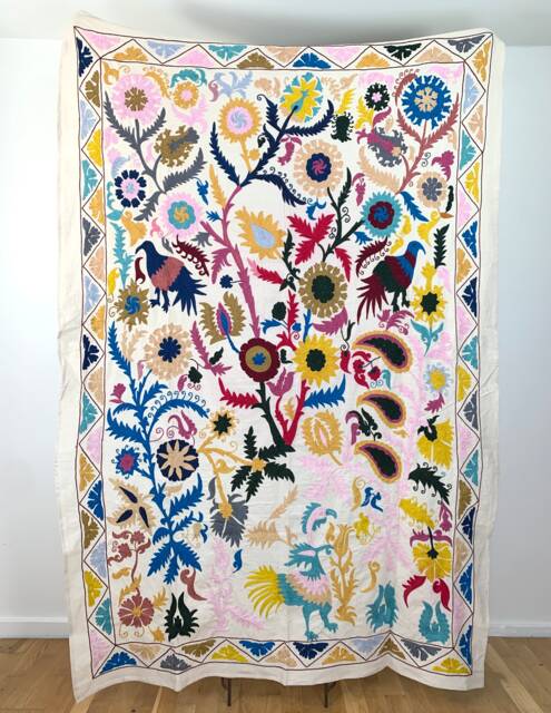 Hand Embroidered Suzani Tapestry Uzbek Floral Boho Wall Decor - image 1