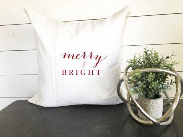 Merry & Bright Christmas Red Ink Pillow Cover, 18 X Holiday Decor, Farmhouse - image 1