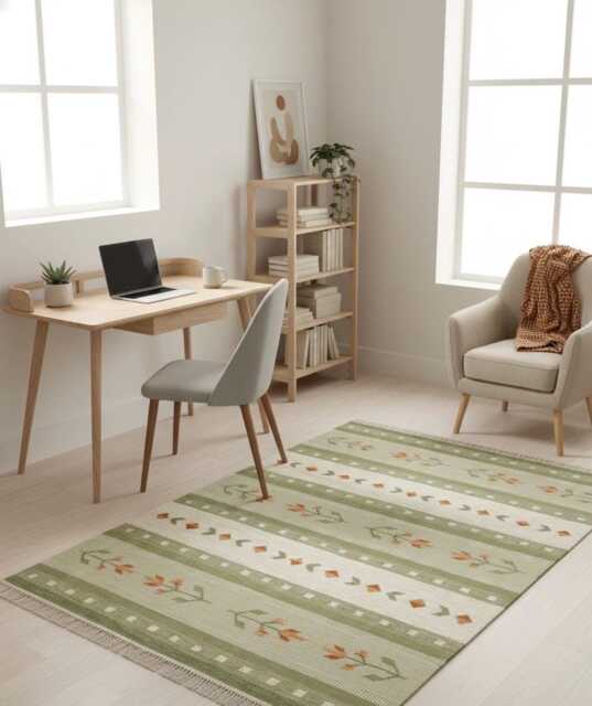 Handmade Scandinavian Kilim Rug - Green Floral Wool Blend Area Carpet - image 1