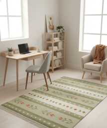 Handmade Scandinavian Kilim Rug - Green Floral Wool Blend Area Carpet - thumbnail 1