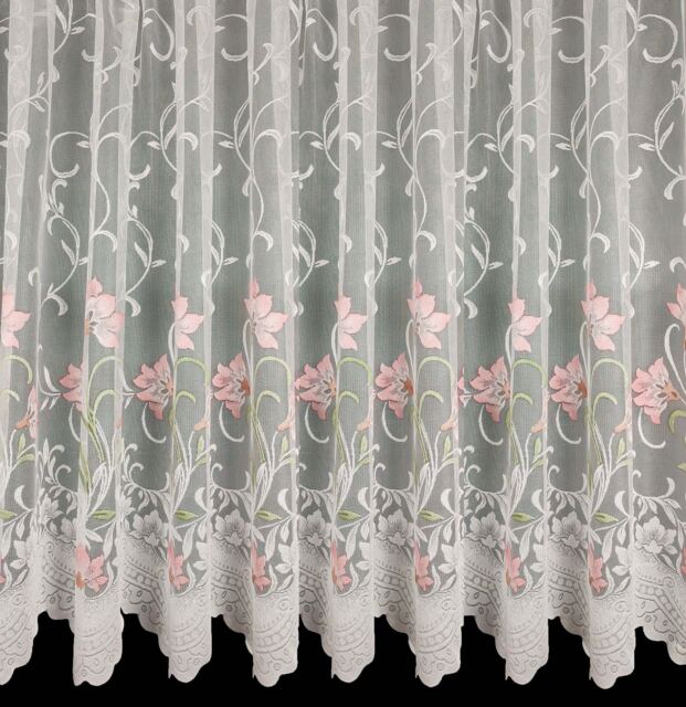 Bella Hand Painted Net Curtains, White Ground With Pink Flowers & Green Leaves. Sold By The Metre in Width - image 1