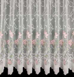 Bella Hand Painted Net Curtains, White Ground With Pink Flowers & Green Leaves. Sold By The Metre in Width - thumbnail 1