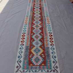 2'8x13'5 Ft Long Runner Rug, Natural Vegetable Dyes, Flatweave Kilim Geometric Rug, Afghan Handmade Wool Hallway Rug - thumbnail 2
