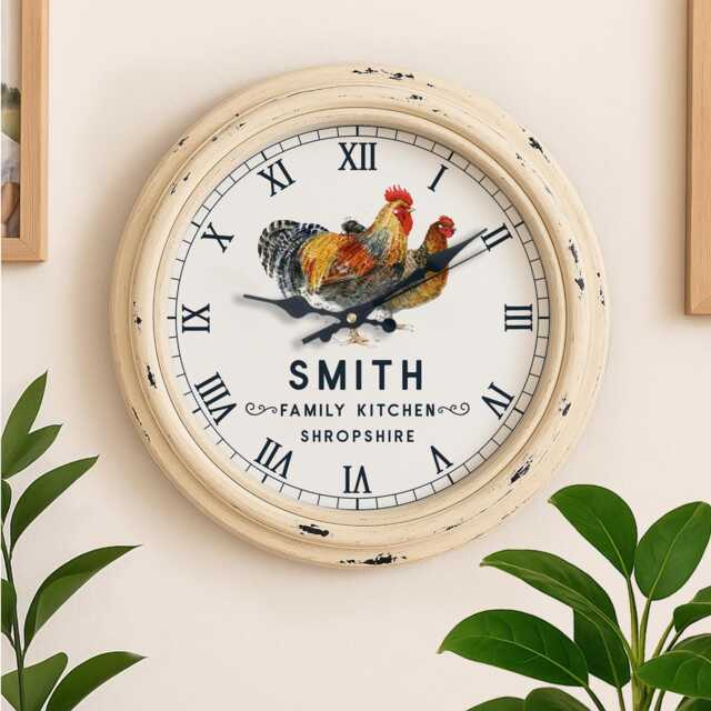Personalised Chicken Wall Clock Custom Name Farmhouse Glass County Kitchen Home Decor Farmer Farm Present Housewarming Gift Ekrc04 - image 1