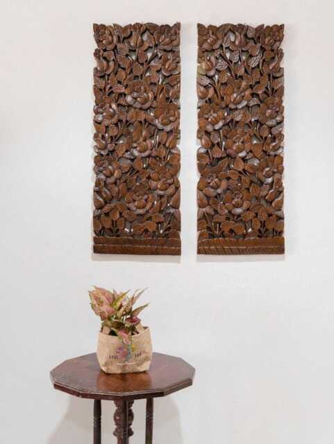 Pair Large Wooden Carved Flower Roses Wood Panel Wall Decor Thai Carving Natural Teak Bohemian Furniture Wedding Gift Outdoor Black 36 - image 1