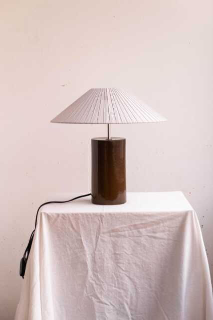 Handmade Ceramic Table Lamp, A Lighting & Decorative Object. Green-Brown Glazed Base Light Gray Ribbon Shade - image 1