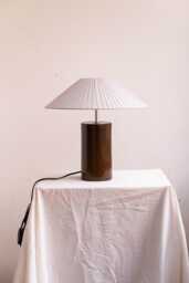 Handmade Ceramic Table Lamp, A Lighting & Decorative Object. Green-Brown Glazed Base Light Gray Ribbon Shade - thumbnail 1