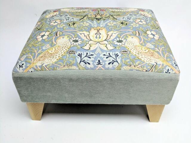 Small Footstool in Authentic William Morris Strawberry Thief Sturdy Wood Frame Extra Seat Choice Of Foot Colour Made Britain - image 1