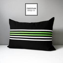 Modern Black & White Outdoor Sunbrella Pillow Cover With Lime Green Stripes, Decorative Striped Cushions For Patio, Pool Loungers, Mazizmuse - thumbnail 2