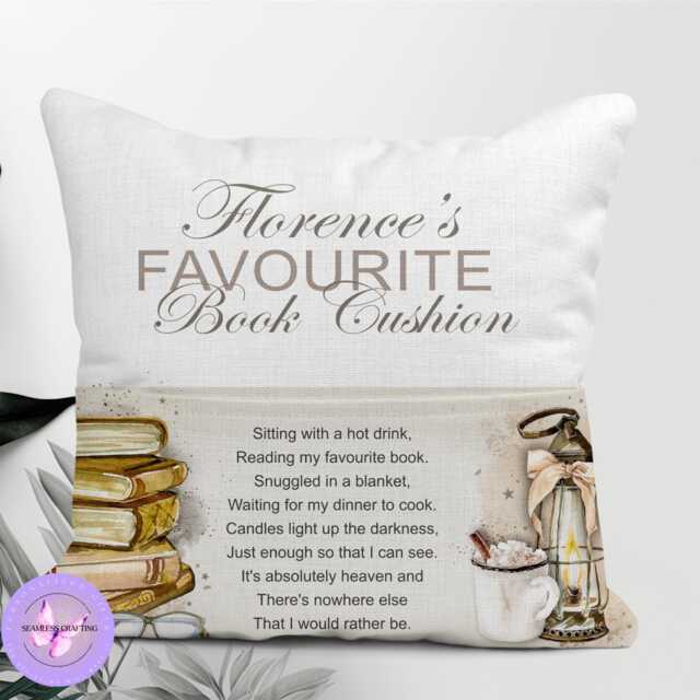 Personalised Reading Cushion With Pocket, Custom Name Linen 40x40cm, Handmade Book Lover Gift For Readers & Bookworms - image 1
