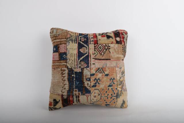 Vintage Turkish Kilim Pillow Cover Handwoven Wool Rug Cushion - 16x16 - image 1