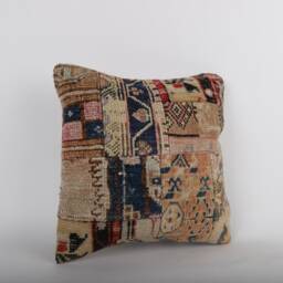 Vintage Turkish Kilim Pillow Cover Handwoven Wool Rug Cushion - 16x16 - thumbnail 2