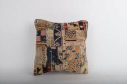 Vintage Turkish Kilim Pillow Cover Handwoven Wool Rug Cushion - 16x16 - thumbnail 1