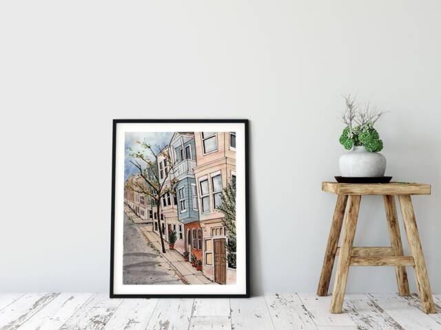 Autumn Street Scene Watercolor Art Print Cozy Fall Decor - image 1