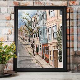 Autumn Street Scene Watercolor Art Print Cozy Fall Decor - thumbnail 2