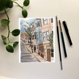 Autumn Street Scene Watercolor Art Print Cozy Fall Decor - thumbnail 3