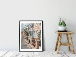 Autumn Street Scene Watercolor Art Print Cozy Fall Decor - thumbnail 1