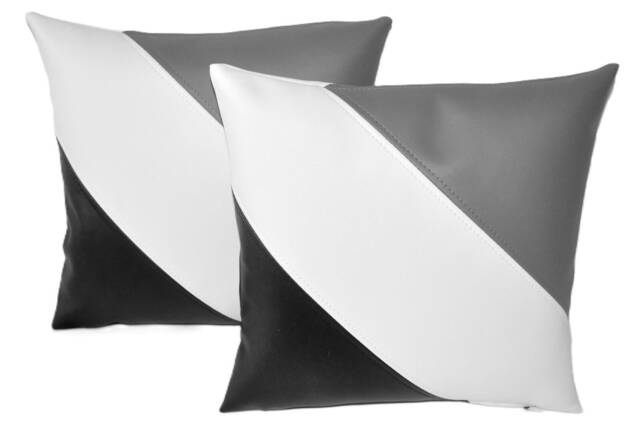 "2 Black White & Grey Diagonal Stripe Faux Leather Cushion Covers 16"" 18"" 20" - image 1