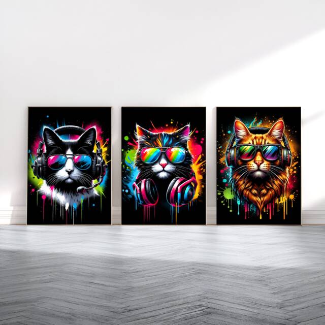 Cat Gaming Print Set - 3 Vibrant Gamer Posters - Boys Bedroom Decor Gift Artwork Girls Room Kids Video Game Wall Art Prints - image 1