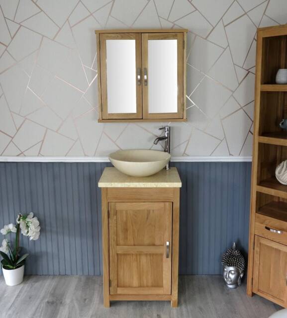 Cloakroom Bathroom Vanity Unit Oak Cream Marble Stone Wash Stand & Basin 308cm025cm - image 1