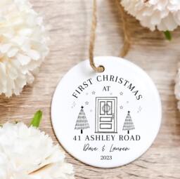 Personalised Christmas Bauble, Fiirst in Our New Home, Ceramic Ornament, Couples Gifts, Home Gift, First Decor - thumbnail 1
