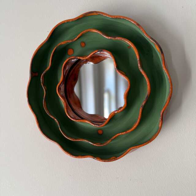 Wavy Green Ceramic Wall Mirror, Organic Entryway Flower Irregular Bathroom Decor, Handmade Vanity Earthy Home Gift - image 1